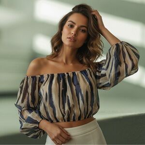 Misa Los Angeles Beige & Navy Abstract Off-Shoulder Crop Top